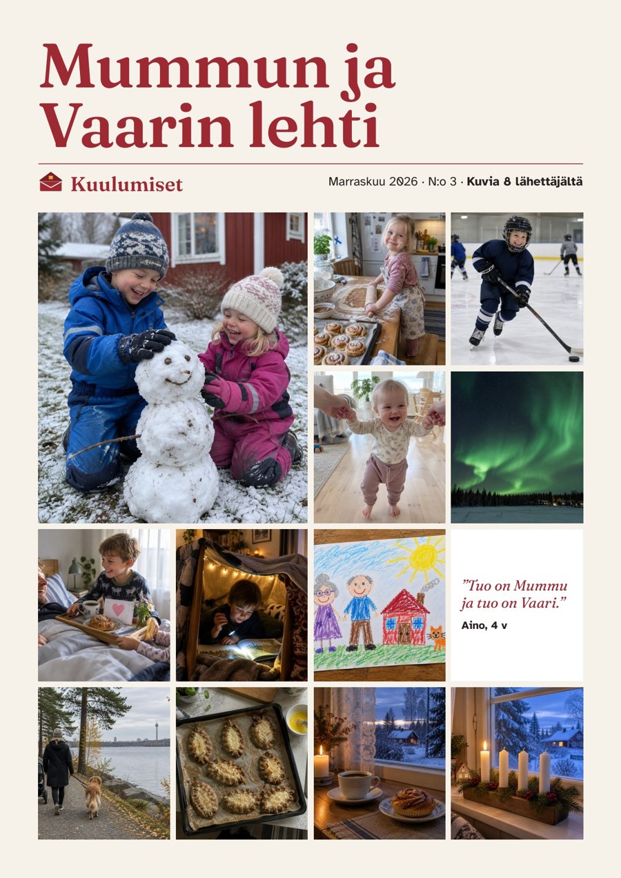 Lehden kansi: Mummun ja Vaarin lehti, kansikuvana perheen kuvia